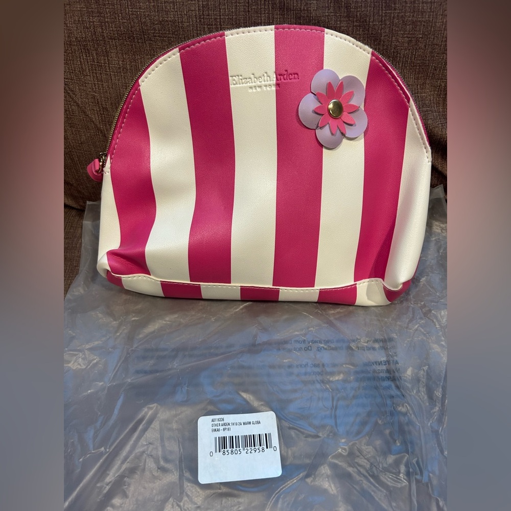 Elizabeth Arden Bold Pink and White Striped Cosmetic Bag